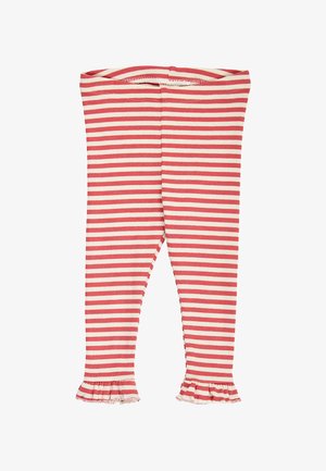 Rood-wit horizontaal gestreepte geribbelde babylegging met elastische tailleband en gerimpelde zomen.