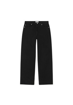 Jeans in denim nero con vestibilità dritta, design a cinque tasche e dettagli in metallo argentato. Presentano un tessuto testurizzato e uno stile minimalista.