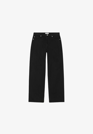 Črne jeans hlače s ravnim krojem, pet žepnim dizajnom in srebrno-toniranimi dodatki. Imajo teksturirano tkanino in minimalističen slog.