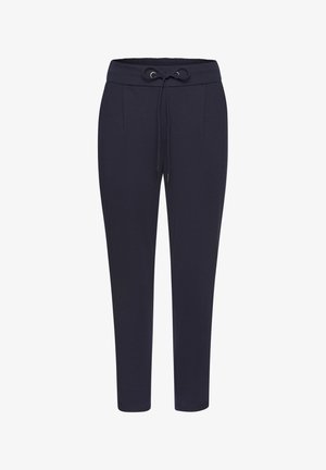 Navy blue jogger pants made of soft fabric, featuring an elastic waistband with drawstring, and two side pockets.