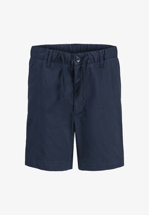 Shorts bleu marine en tissu léger, dotés d'une taille élastique avec cordon de serrage, fermeture par bouton et fentes latérales.