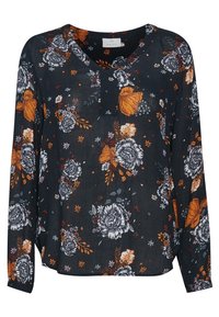 Blouse à manches longues à fleurs sombres, arborant des fleurs orange, blanches et bleues sur fond noir, avec un décolleté en V et un tissu léger et doux.