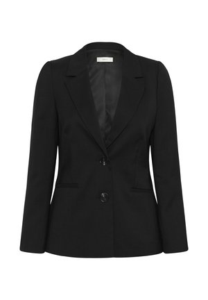 Crni krojeni sako s dva prednja dugmeta, rever ovratnik, dugi rukavi i dvije bočne džepove sa prorezima, prikazan na bijeloj pozadini.