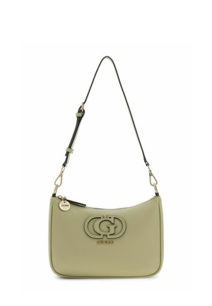 Borsa a spalla Guess verde chiaro con tracolla nera regolabile, dettagli in oro e logo GG impresso sul davanti con chiusura a cerniera.