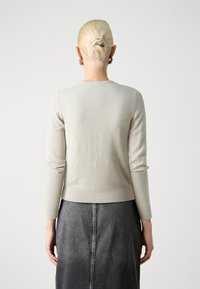 Hellgrauer Pullover mit Rundhalsausschnitt und langen Ärmeln. Weiche Textur, gerippter Saum und Rückennahtdetails. Kombiniert mit einem dunkelgrauen Rock.
