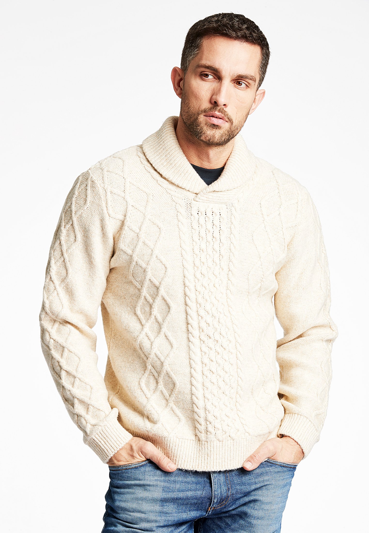 Lindbergh SHAWL COLLAR CABLE KNIT - Jumper - off white mel/off-white -  Zalando.de