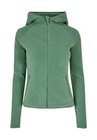 Žalia vilnos medžiagos džemperis su pilna užtrauktuku, reguliuojama kapišonu ir šoninėmis kišenėmis. Lygi tekstūra, prigludusios rankovės ir išlenktos siūlės suteikia elegantišką išvaizdą.