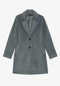 Manteau gris mi-long en mélange de laine avec deux boutons, col à revers cranté, manches longues et poches latérales, doublé à l'intérieur.
