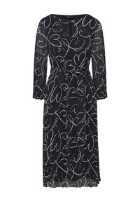 Schwarzes Kleid mit weißen Herzmustern, langen Ärmeln, taillierter Taille und plissierter Textur. Verfügt über einen runden Ausschnitt und einen knielangen Schnitt.