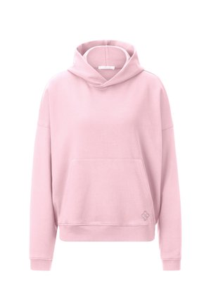 Felpa rosa in cotone con una grande tasca a kangaroo, vestibilità oversize e una consistenza morbida. Presenta un colletto scivolato e un ricamo del logo discreto.