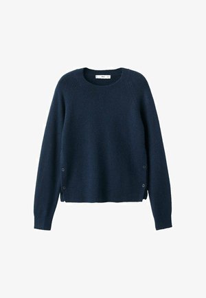 Duga plava mornarska majica dugih rukava s okruglim vratom, rebrastim manžetnama i rubom, sa dva bočna gumba blizu dolje sa svake strane.