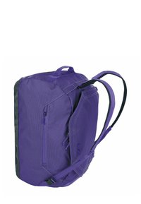 Zaino viola realizzato in tessuto resistente, con un ampio scomparto principale, tasca frontale con zip e spallacci regolabili.