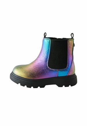 Children's ankle boot with iridescent multicolor upper, black elastic side panels, and thick black rubber sole.