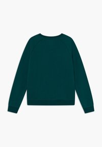 Tyrkysová mikina s kulatým výstřihem, raglánovými rukávy a žebrovanými manžetami. Měkká, texturovaná látka bez viditelných log nebo vzorů.