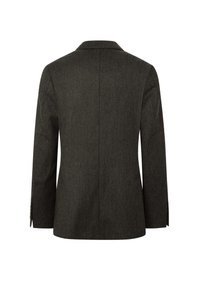 Blazer grigio scuro su misura con texture a spina di pesce, rever a punta, spacco singolo e toppe sui gomiti. Presenta polsini a quattro bottoni.