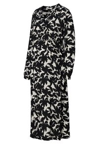Zwart-witte midi-jurk met lange mouwen, bloemenpatroon, gerimpelde taille met strikceintuur en ronde halslijn.