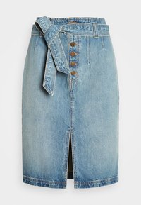 Light blue denim skirt with front buttons, front slit, high waist, and matching denim belt tied at the waist.