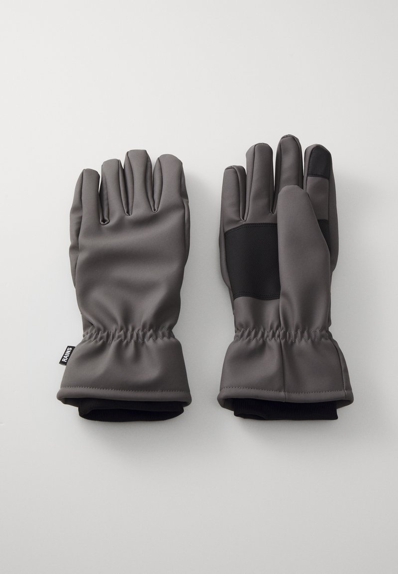 Gants gris au fini lisse, avec un poignet ajusté, une zone de paume rembourrée et un accent noir contrastant sur le côté.
