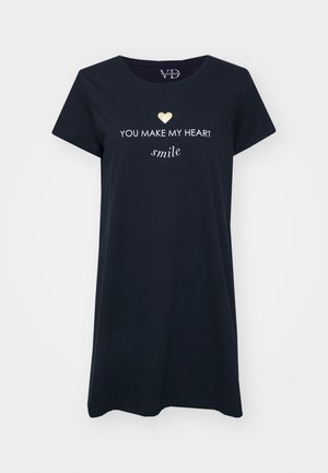 Navy cotton t-shirt dress with short sleeves, round neckline, and decorative text: "YOU MAKE MY HEART smile" with a gold heart accent.