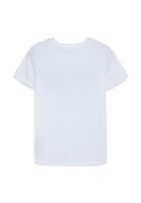 T-shirt bianca in cotone con scollo rotondo e maniche corte, caratterizzata da una texture liscia e un design semplice sul retro, senza ulteriori motivi o dettagli.