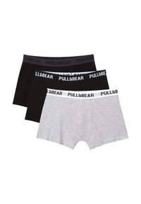 Tri pari moških bokseric v sivi in črni barvi. Imajo elastične pasove z belim 'PULL&BEAR' blagovno znamko na sivi in črni podlagi.