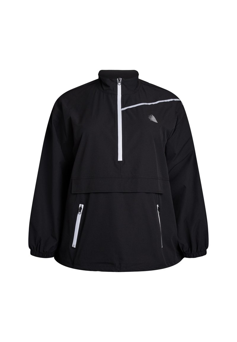 Schwarze Pulloverjacke aus leichtem Material, mit einem halbseitigen Reißverschluss an der Vorderseite, zwei seitlichen Reißverschlusstaschen und weißen Akzenten an der Schulter.