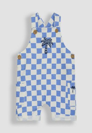 Salopette en coton à carreaux bleus et blancs avec des boutons en bois, ornée d'une broderie de palmier et de poches latérales. Détails des poignets retournés.