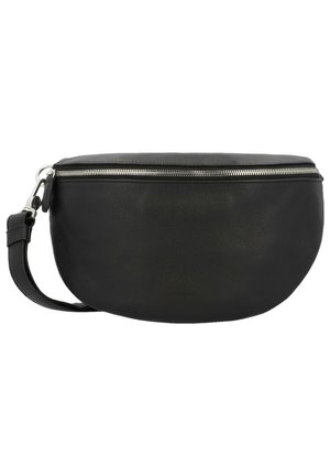 Black leather crossbody bag with a rounded shape, textured surface, and silver zipper. Features an adjustable strap and minimal branding.