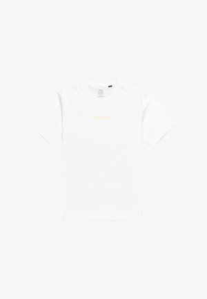 Weißes T-Shirt mit kurzen Ärmeln aus Baumwolle und Rundhalsausschnitt. Verfügt über einen kleinen gelben Aufdruck des Wortes "Element", das zentral auf der Brust platziert ist.