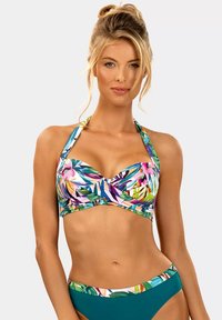Wielokolorowy top bikini w kwiatowy wzór, z zawiązanym przodem, regulowanymi ramiączkami i jednolitym, turkusowym dołem. Gładka tekstura materiału.