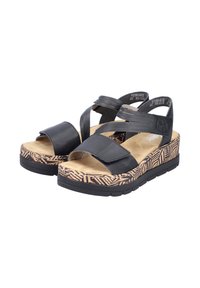 Schwarze Leder-Sandalen mit überkreuzten Riemen, Plateausohle mit strukturiertem Muster in Erdtönen und gepolsterter Innensohle.
