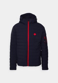 Marinblå pufferjacka med röd dragkedja fram, har huva, quiltad textur och en logodetalj på ärmen.