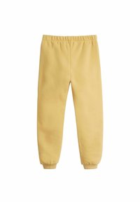 Gula sweatpants gjorda av mjukt tyg, med elastisk midja och ribbade mudd, med en slät yta och utan synliga mönster.