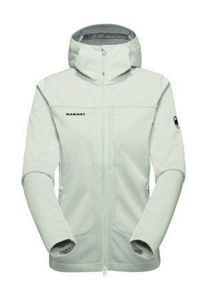 Hellgraue Mammut Softshelljacke mit Kapuze, Frontreißverschluss, Reißverschlusstaschen und Logo auf der Brust sowie am linken Ärmel.