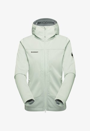 Hellgraue Mammut Softshelljacke mit Kapuze, Frontreißverschluss, Reißverschlusstaschen und Logo auf der Brust sowie am linken Ärmel.