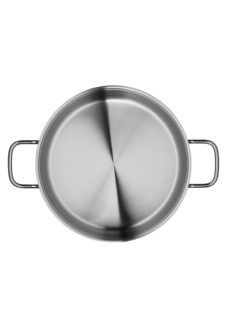 Garnek ze stali nierdzewnej, okrągły kształt, polerowane wykończenie, dwa metalowe uchwyty, płaska podstawa, minimalistyczny design, gładka tekstura.