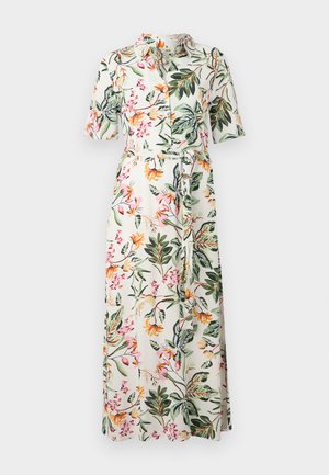 Kwiatowa sukienka midi z krótkimi rękawami, zapinana na guziki z paskiem w talii. Posiada biały wzór z wielokolorowymi kwiatami i zielonymi liśćmi.