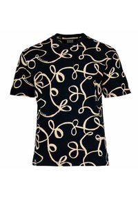 Schwarzes T-Shirt mit einem cremefarbenen abstrakten Schleifenmuster. Crewneck-Design mit kurzen Ärmeln, aus weichem Baumwollstoff gefertigt.