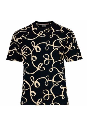Schwarzes T-Shirt mit einem cremefarbenen abstrakten Schleifenmuster. Crewneck-Design mit kurzen Ärmeln, aus weichem Baumwollstoff gefertigt.