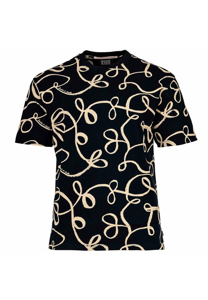 Schwarzes T-Shirt mit einem cremefarbenen abstrakten Schleifenmuster. Crewneck-Design mit kurzen Ärmeln, aus weichem Baumwollstoff gefertigt.