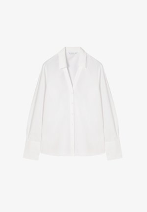 Biała koszula z długim rękawem, z kołnierzykiem z wycięciem, zapinana na guziki, o luźnym kroju. Wykonana z gładkiego materiału o wyraźnej strukturze.
