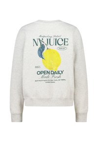 Light gray sweatshirt with a crew neck, featuring a colorful lemon graphic and text on the back, soft fabric, and ribbed cuffs.