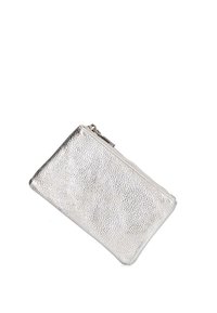 Bolsita de cremallera plateada metálica con una superficie texturizada, forma rectangular y bordes suaves, diseñada para un almacenamiento y organización ligeros.