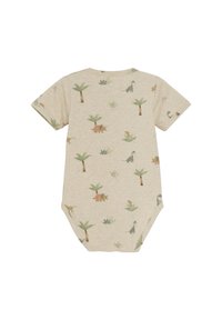 Kortärmad beige body med dinosaurier och palmträdsmönster, tillverkad av mjuk bomullsduk med rundad hals och tryckknappslås i botten.