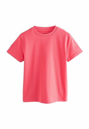 Kurzarm-T-Shirt in leuchtendem Koralle, aus weichem Baumwollstoff gefertigt, mit rundem Ausschnitt und klassischer, lässiger Passform.