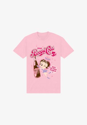 Lyserød bomulds T-shirt med grafik af en vintage sodavandsflaske, en tegneseriefigur og retro tekst, der fremhæver "Boopsi Cola" og "5¢."