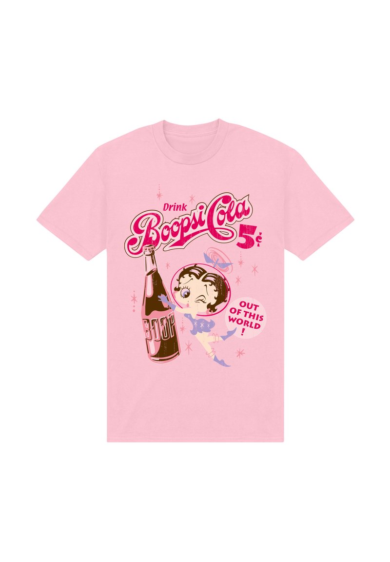 Roze katoenen T-shirt met een grafiek van een vintage frisdrankfles, een cartoonfiguur en retro tekst die "Boopsi Cola" en "5¢" benadrukt.