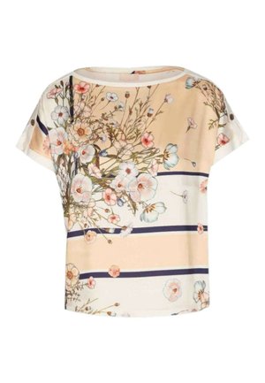 Top a maniche corte color beige e bianco con strisce orizzontali blu navy e un motivo floreale dettagliato in toni rosa tenue, bianco e verde.