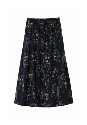 Sort nederdel med elastisk talje, prydet med et linjetegningsmønster af forskellige ansigtstræk i pastelfarver. Glat stof, knælangt design.