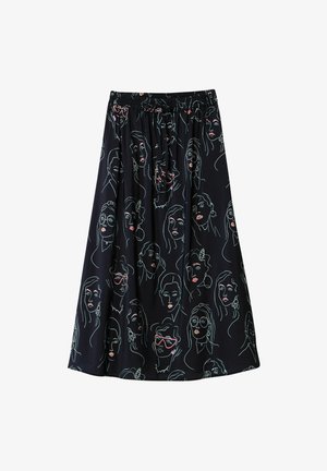 Jupe noire avec une taille élastique, ornée d'un motif de dessins linéaires représentant divers visages dans des couleurs pastel. Tissu lisse, design longueur genoux.